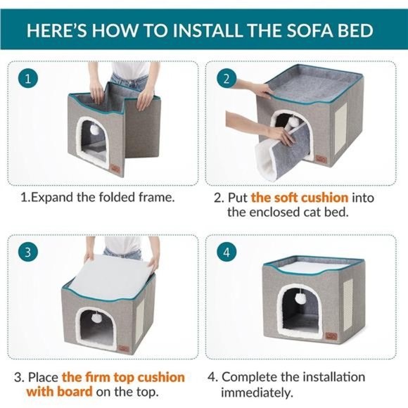 Cat Beds for Indoor Cats - Large Cat Cave for Pet Cat House with Fluffy Ball - Picture 5 of 6